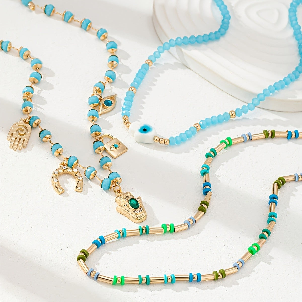 Turquoise Bead & Symbol Charm Necklace Set