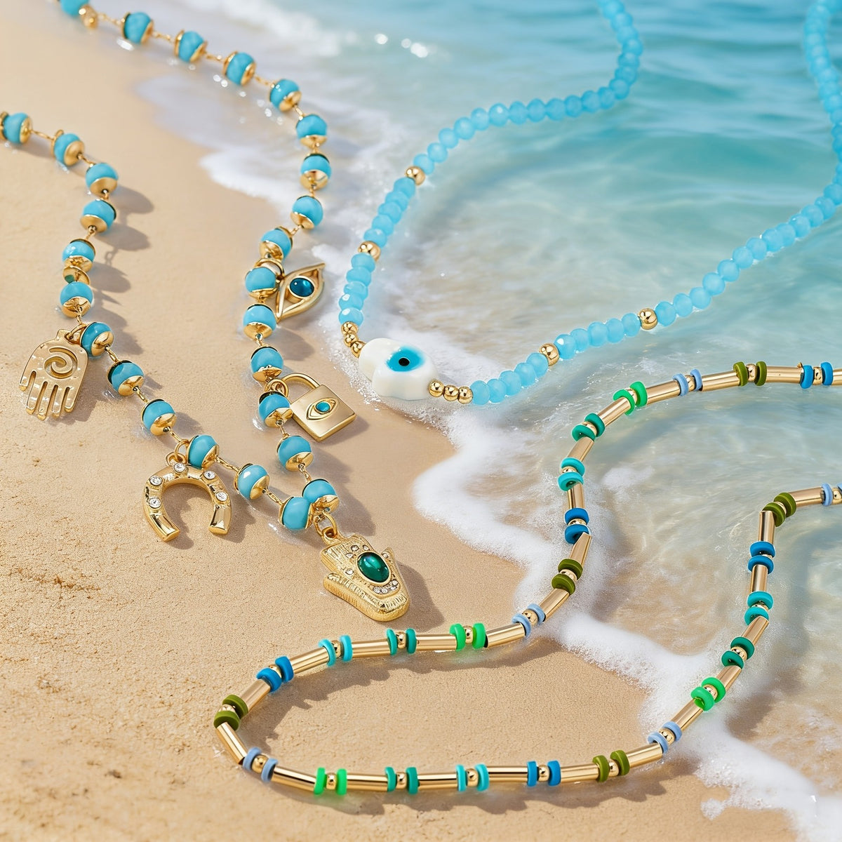 Turquoise Bead & Symbol Charm Necklace Set