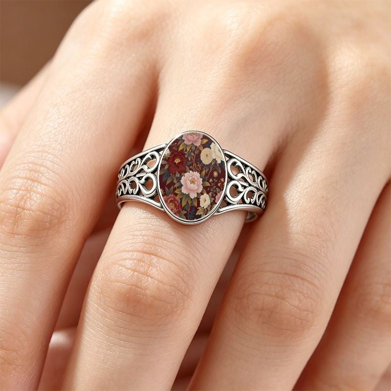 Burgundy Floral Oval Ring