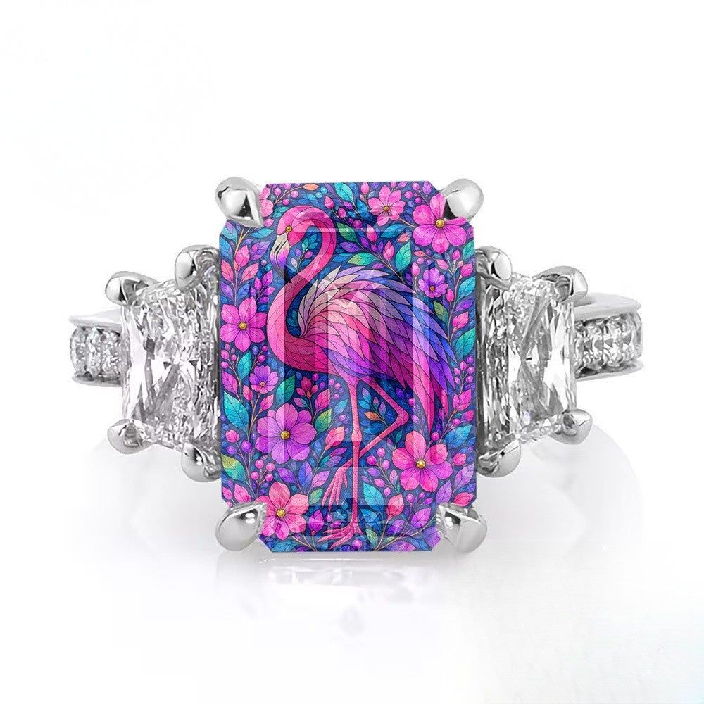 Pink Flamingo Floral Rectangular Ring
