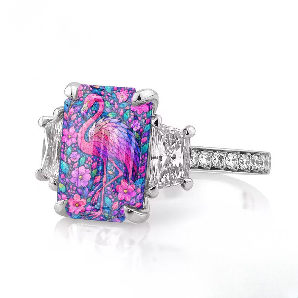 Pink Flamingo Floral Rectangular Ring
