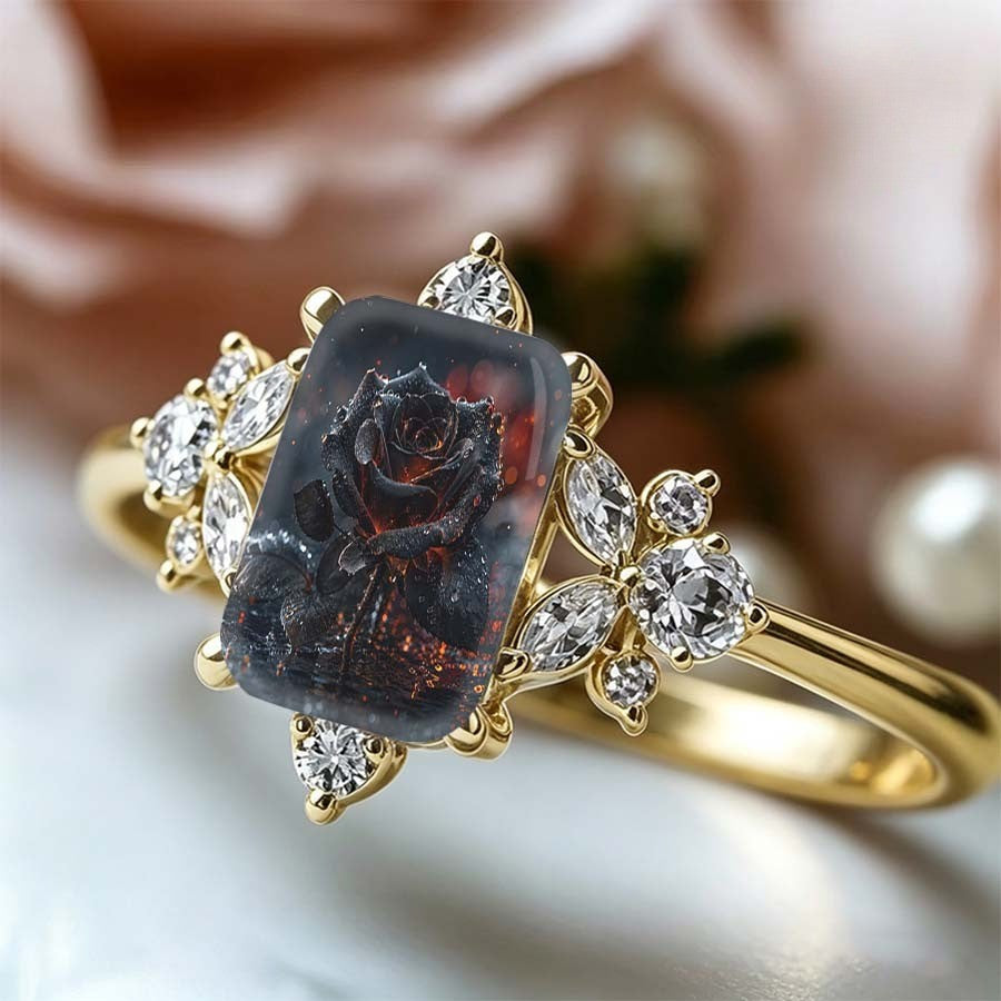 Black Rose Rectangular Ring