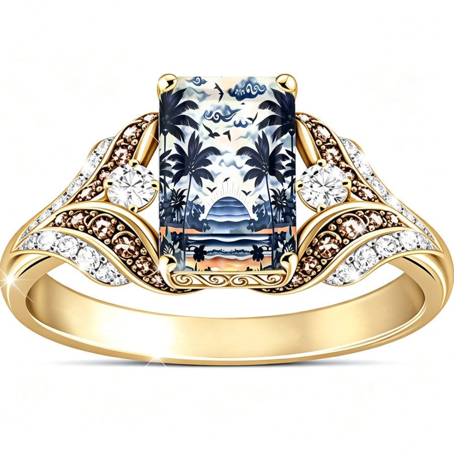 Tropical Palm Tree Glass Square Ring