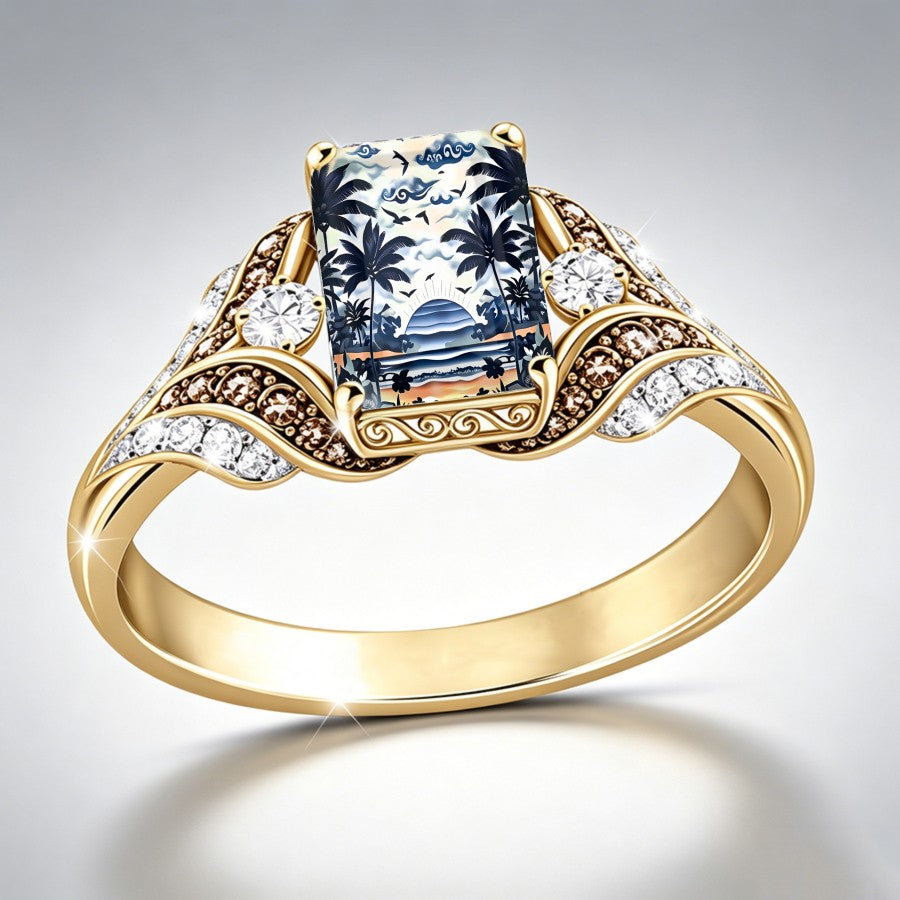 Tropical Palm Tree Glass Square Ring