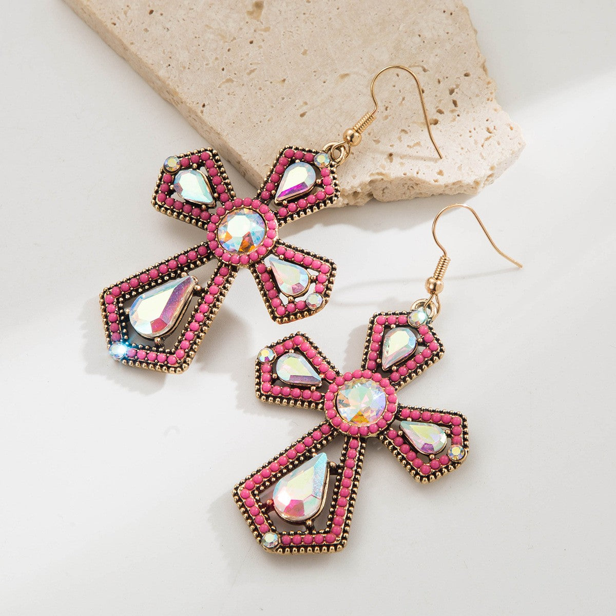 Pink Crystal Cross Earrings