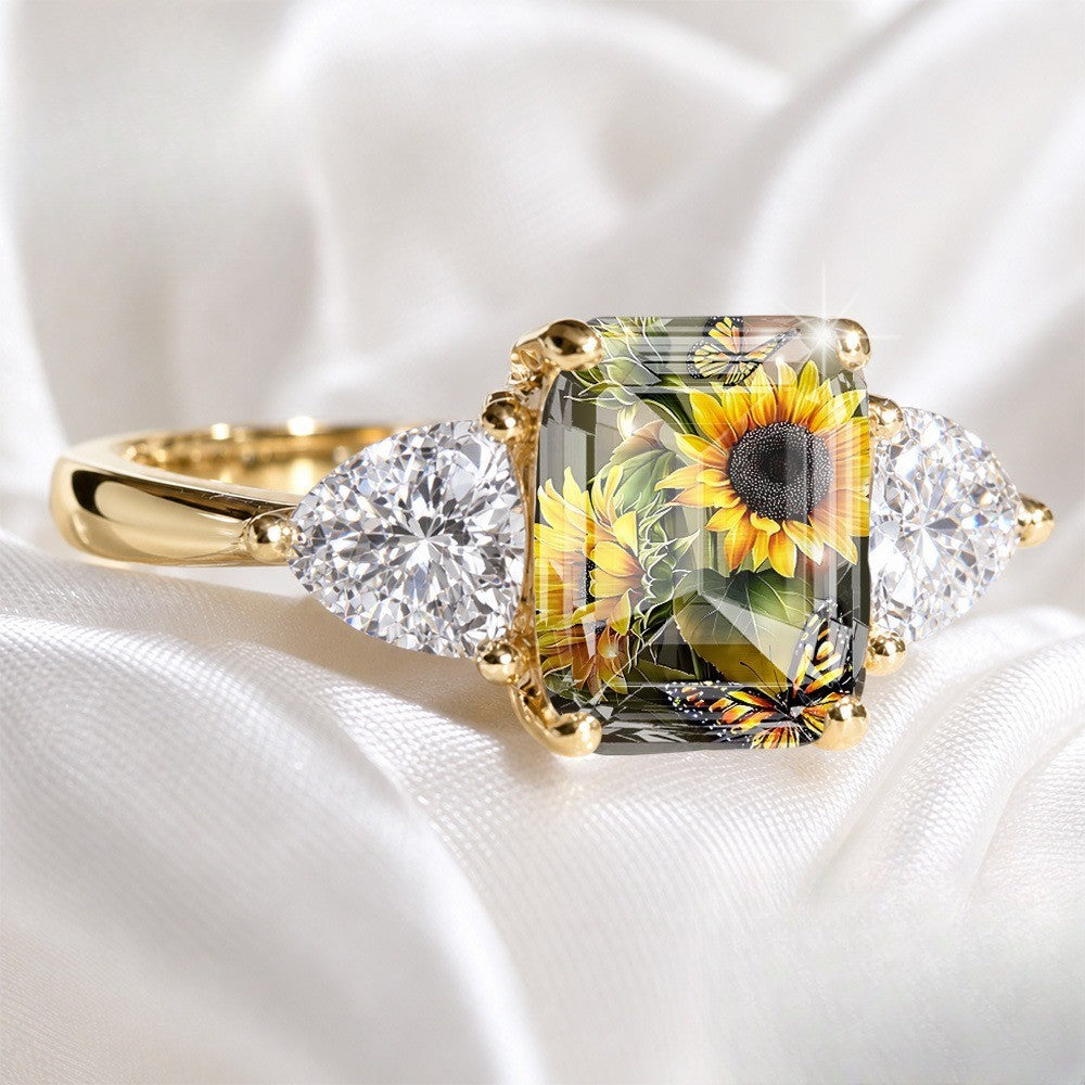 Sunflower & Butterfly Three-Stone Ring