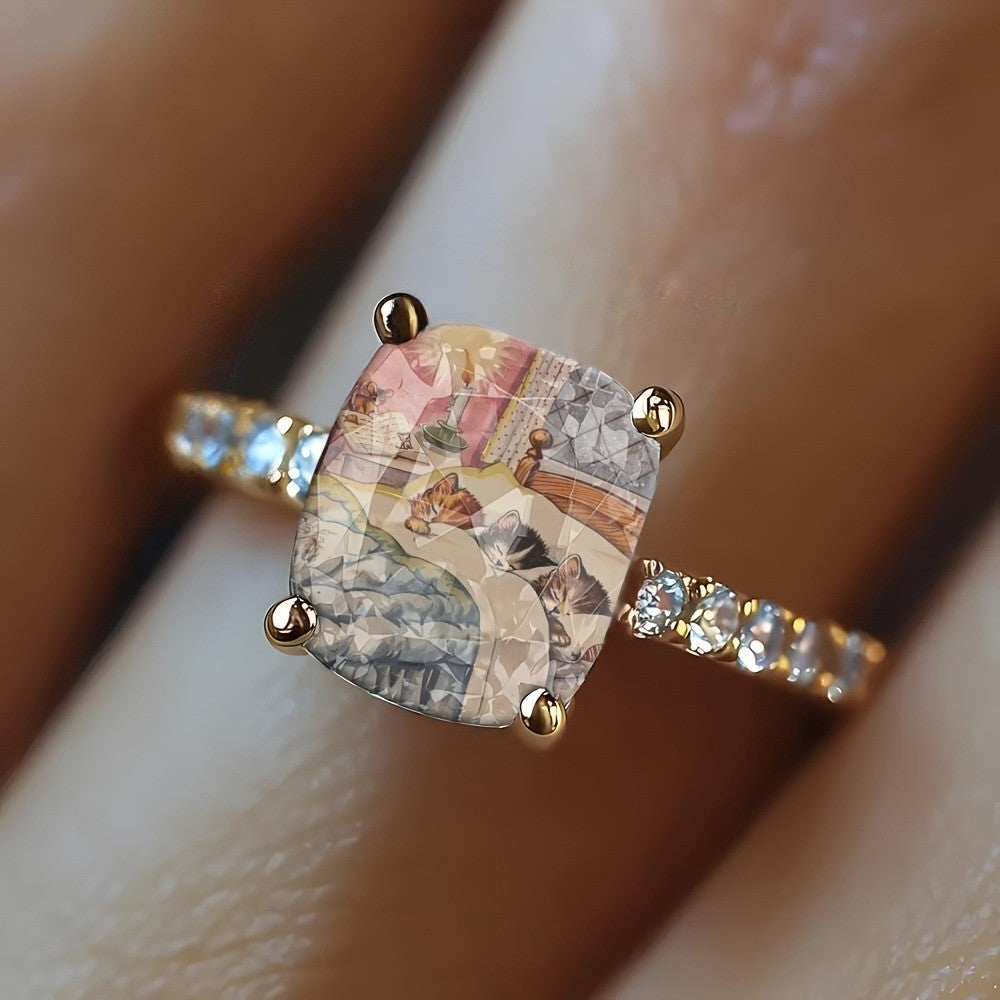 Sleeping Kittens Glass Square Ring