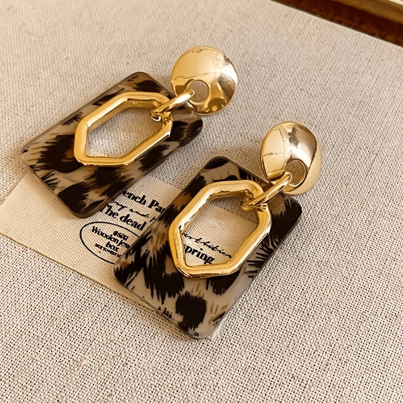 Leopard Print Hexagon Rectangle Drop Earrings