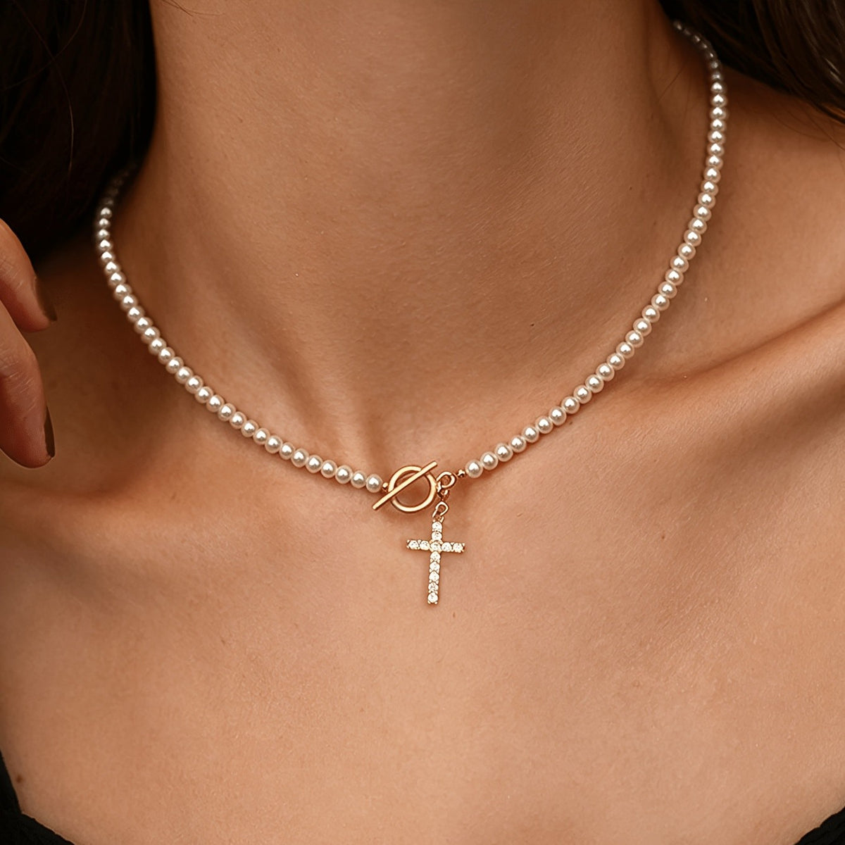 Pearl Beaded Cross Toggle Necklace