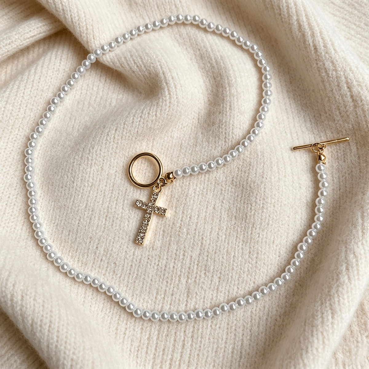 Pearl Beaded Cross Toggle Necklace