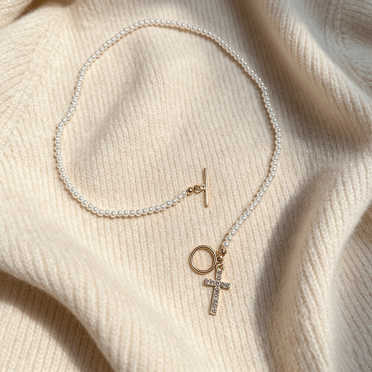 Pearl Beaded Cross Toggle Necklace