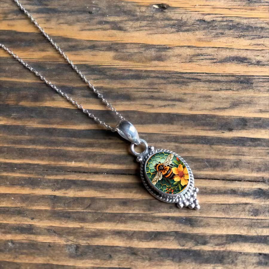Bee & Flower Oval Pendant Necklace