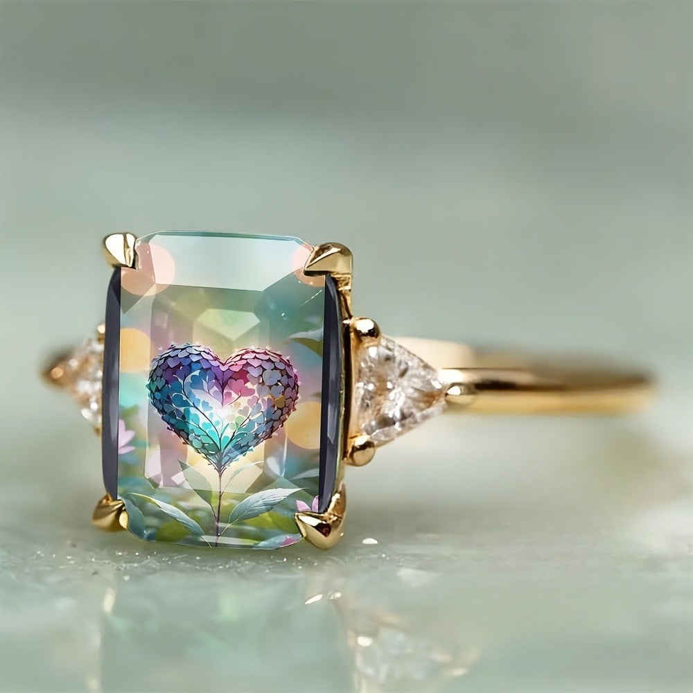 Rainbow Heart Rectangular Ring