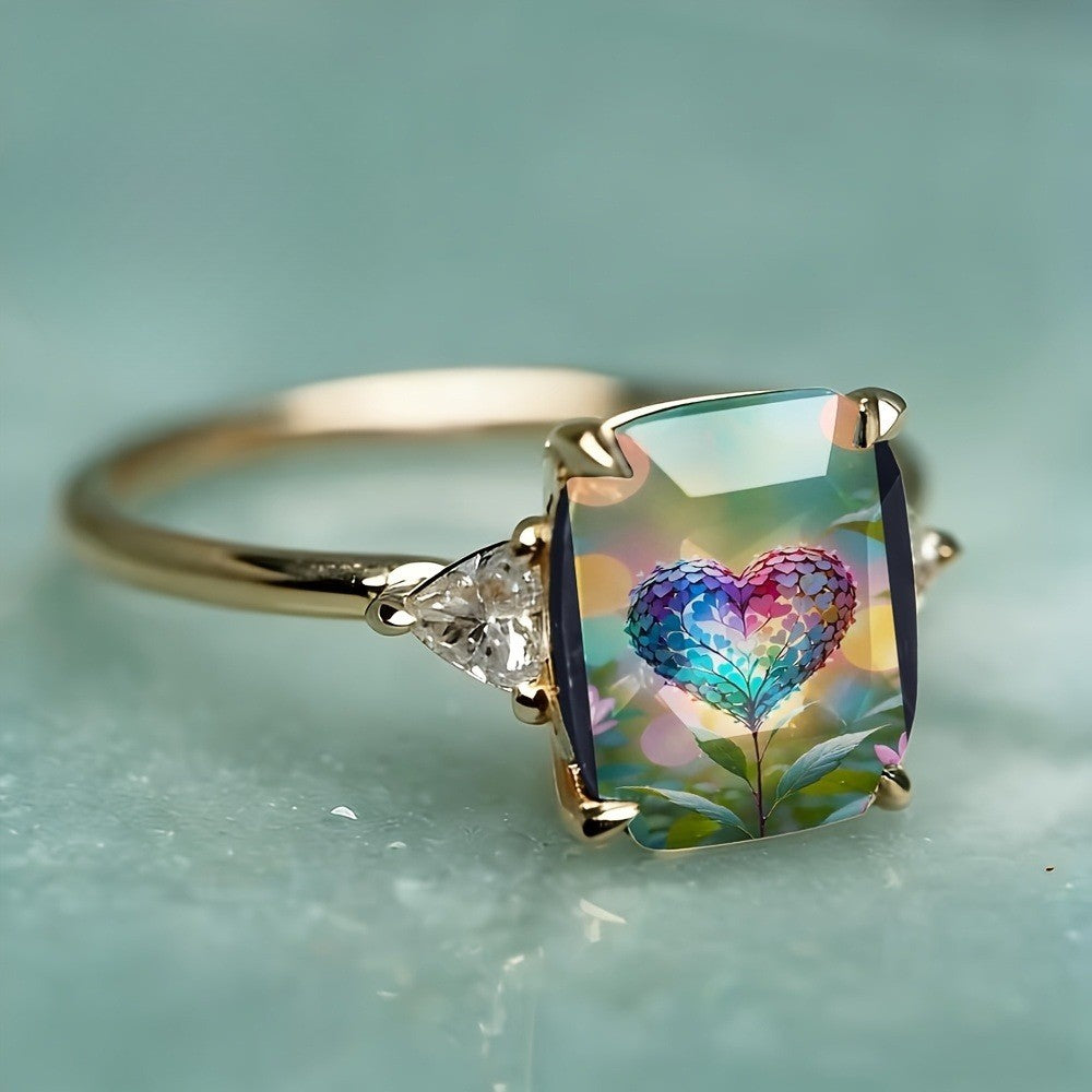 Rainbow Heart Rectangular Ring