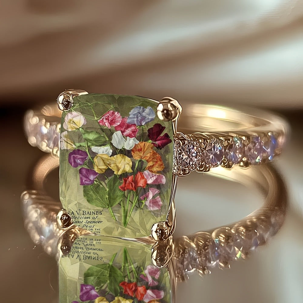 Colorful Floral Illustration Square Ring