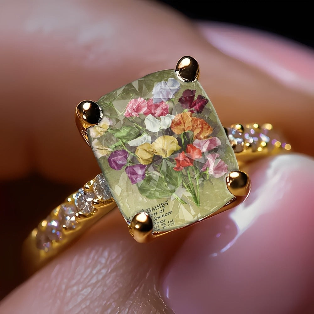 Colorful Floral Illustration Square Ring