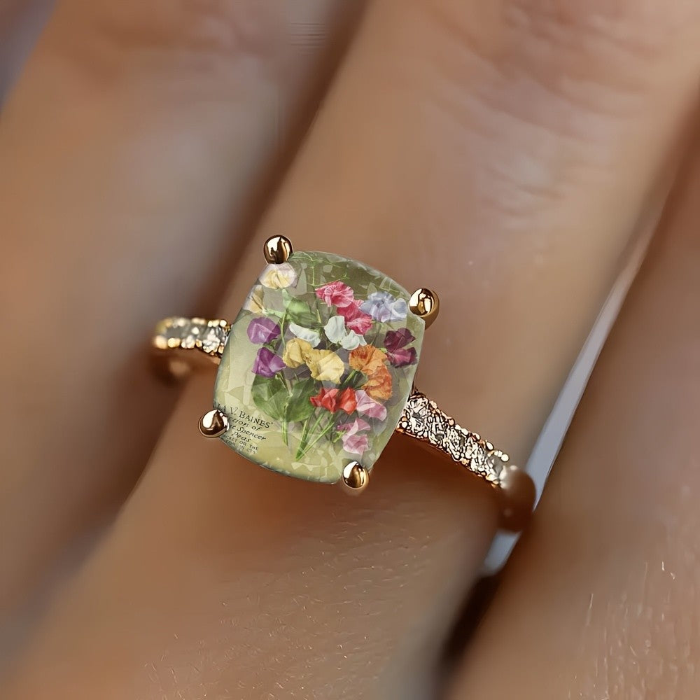 Colorful Floral Illustration Square Ring
