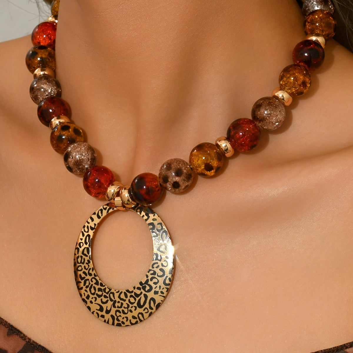 Leopard Oval Bead Necklace