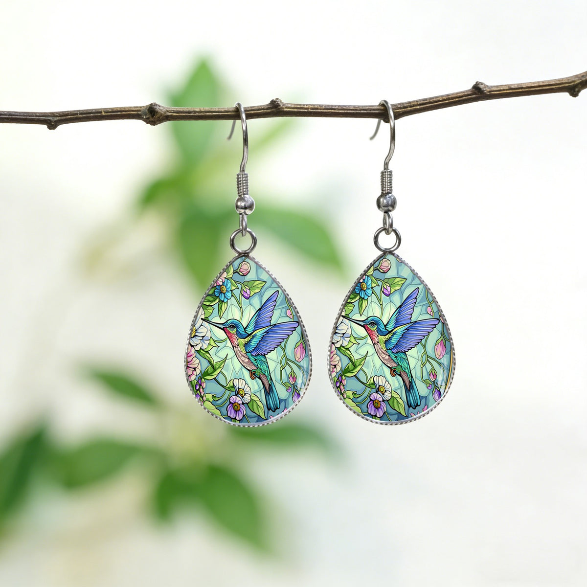 Hummingbird Garden Glass Drop Earrings