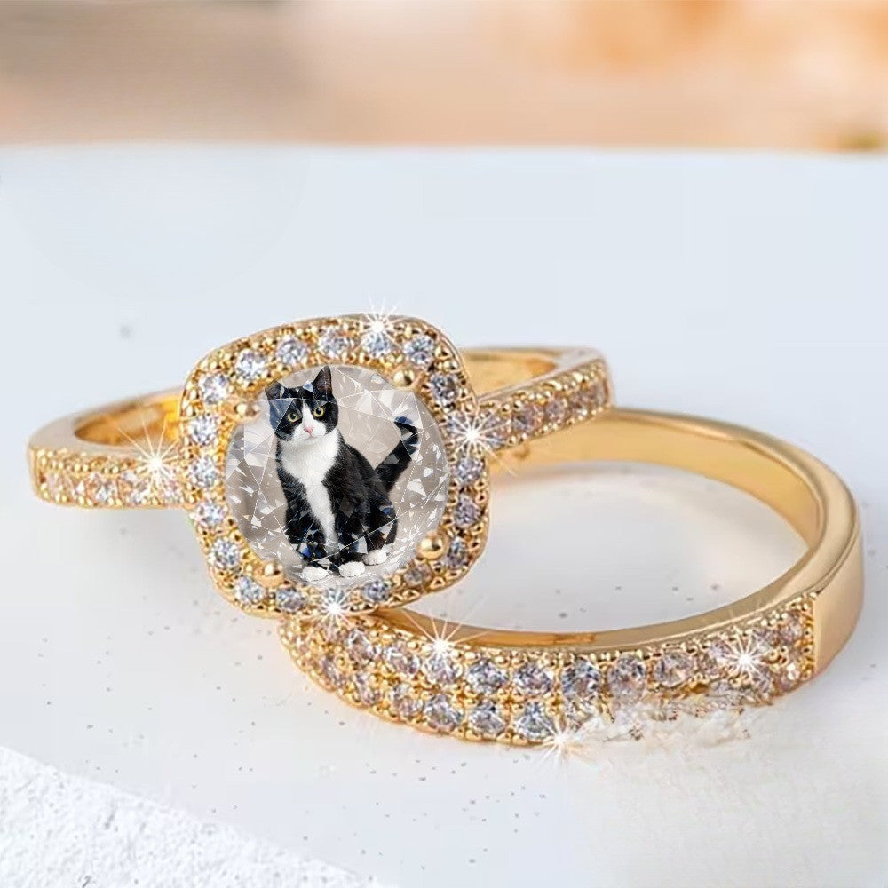 Cat Crystal Halo Ring Set