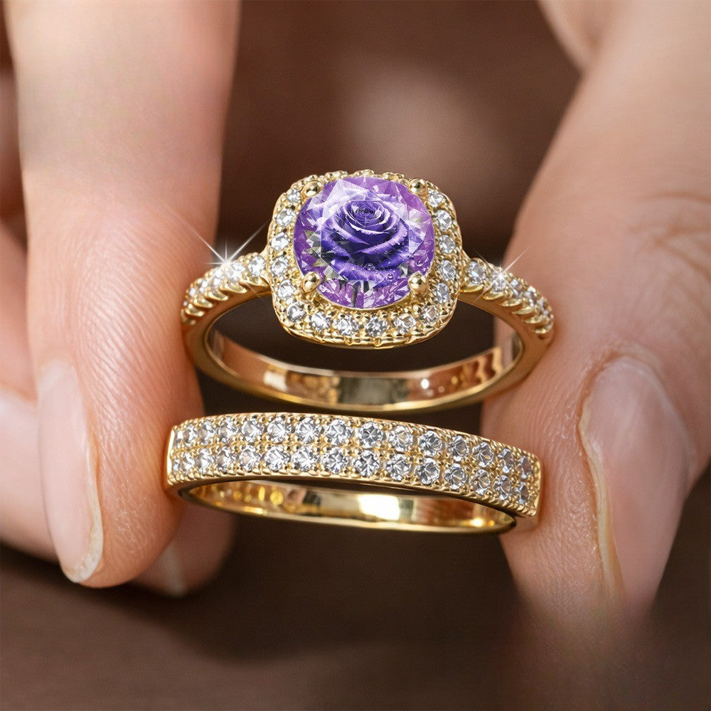 Purple Rose & Crystal Ring Set