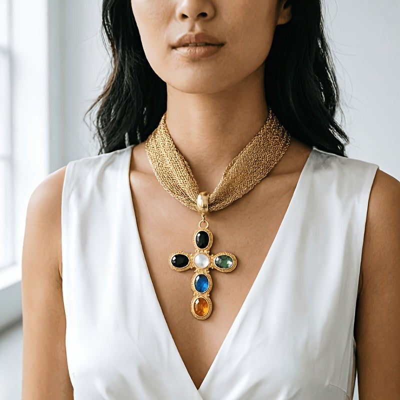Colorful Gem Cross Knit Necklace