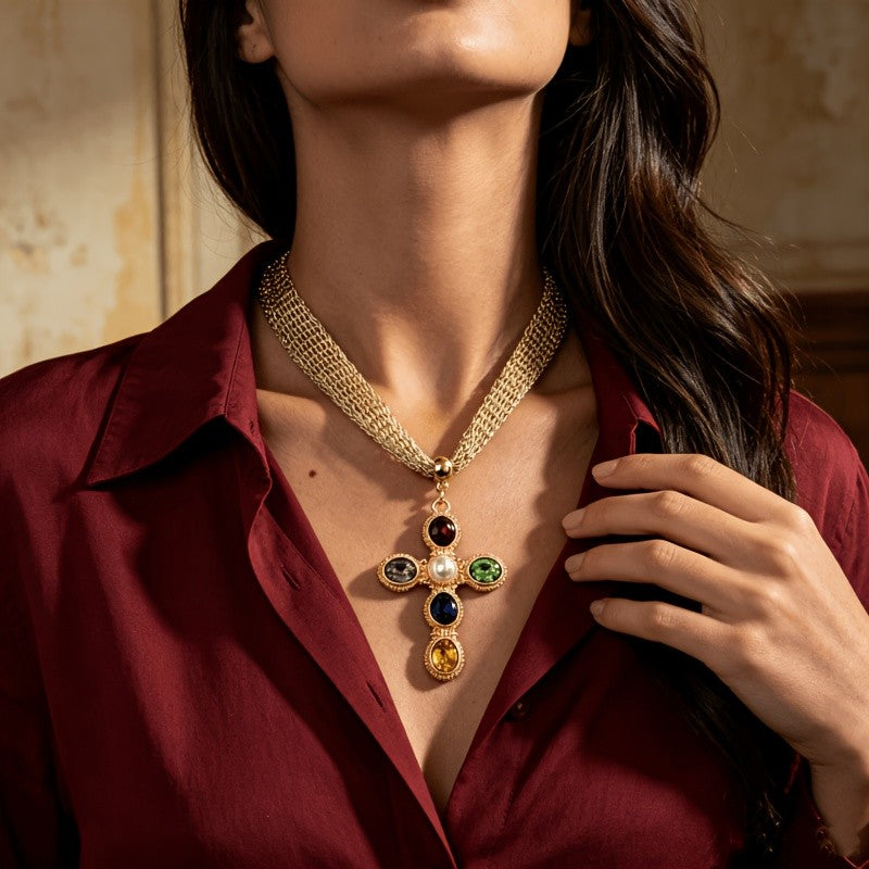 Colorful Gem Cross Knit Necklace