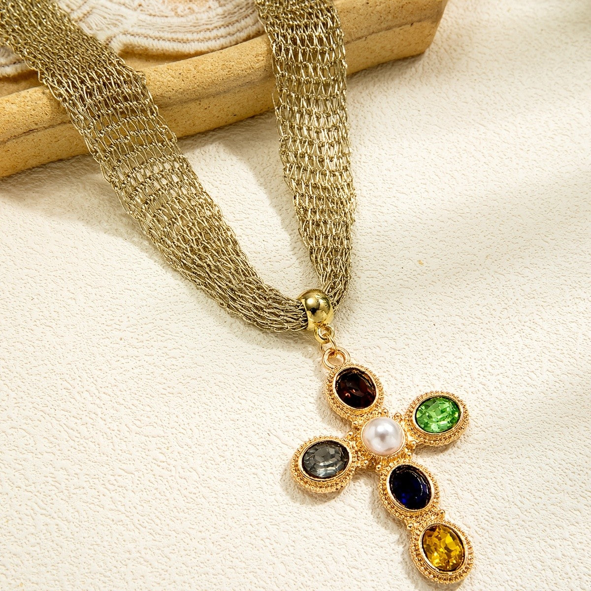 Colorful Gem Cross Knit Necklace