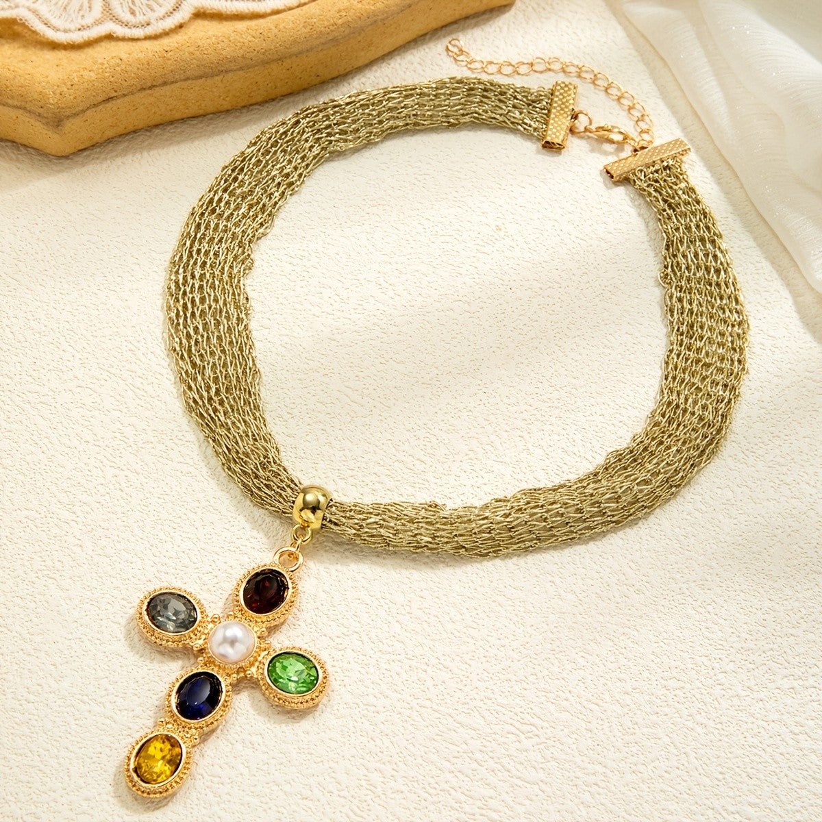Colorful Gem Cross Knit Necklace