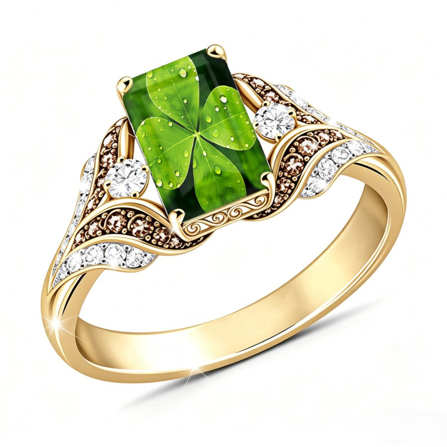 Green Clover Leaf Square Ring