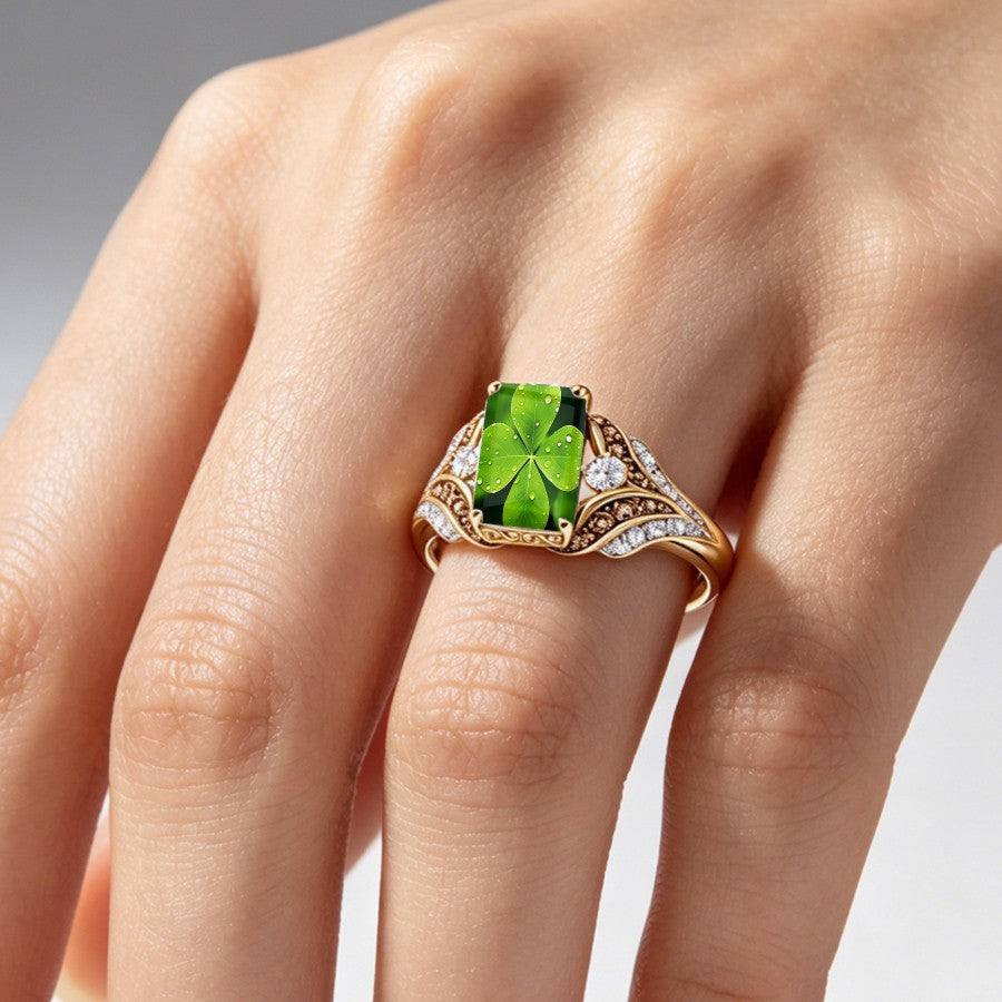 Green Clover Leaf Square Ring