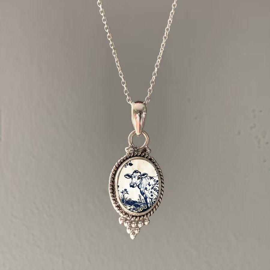 Cow & Calf Oval Pendant Necklace