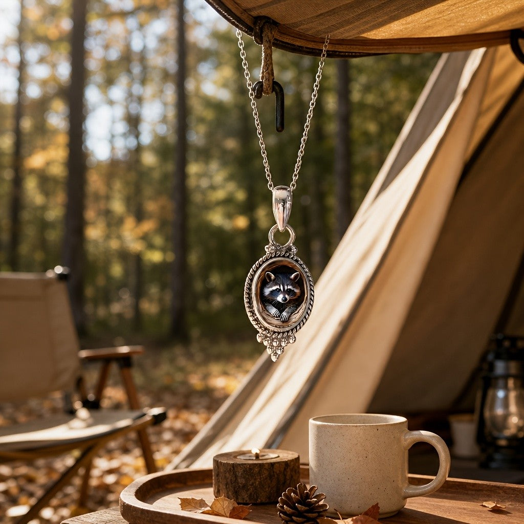 Raccoon Oval Pendant Necklace