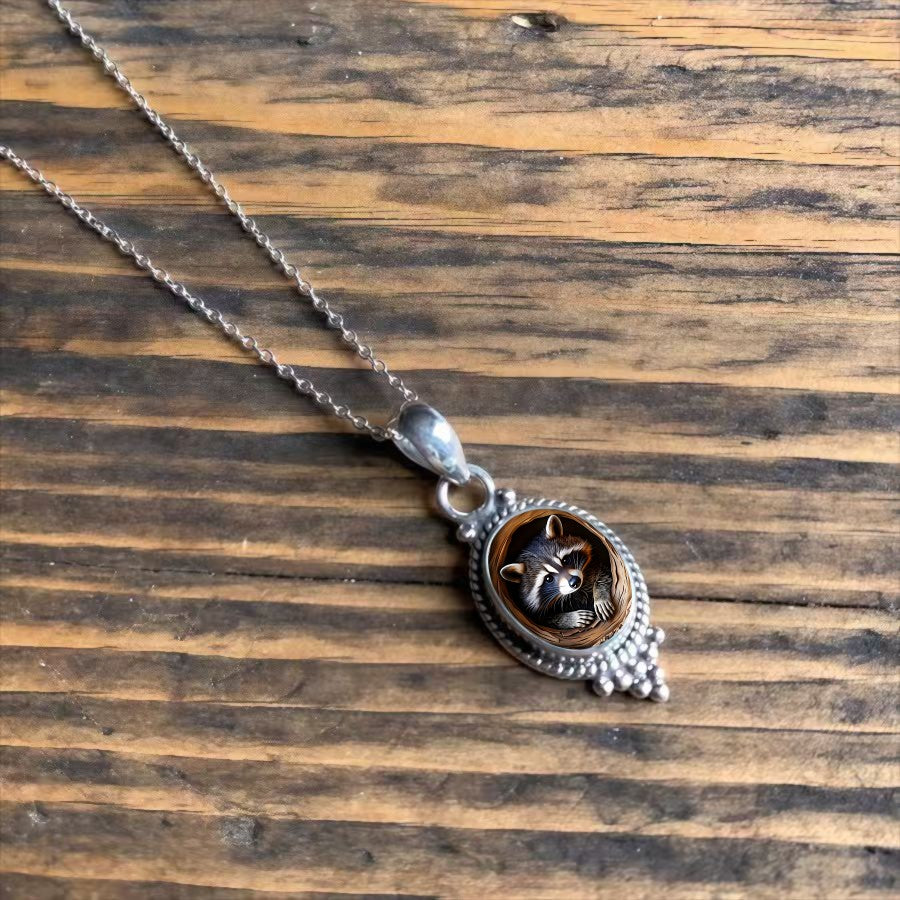 Raccoon Oval Pendant Necklace