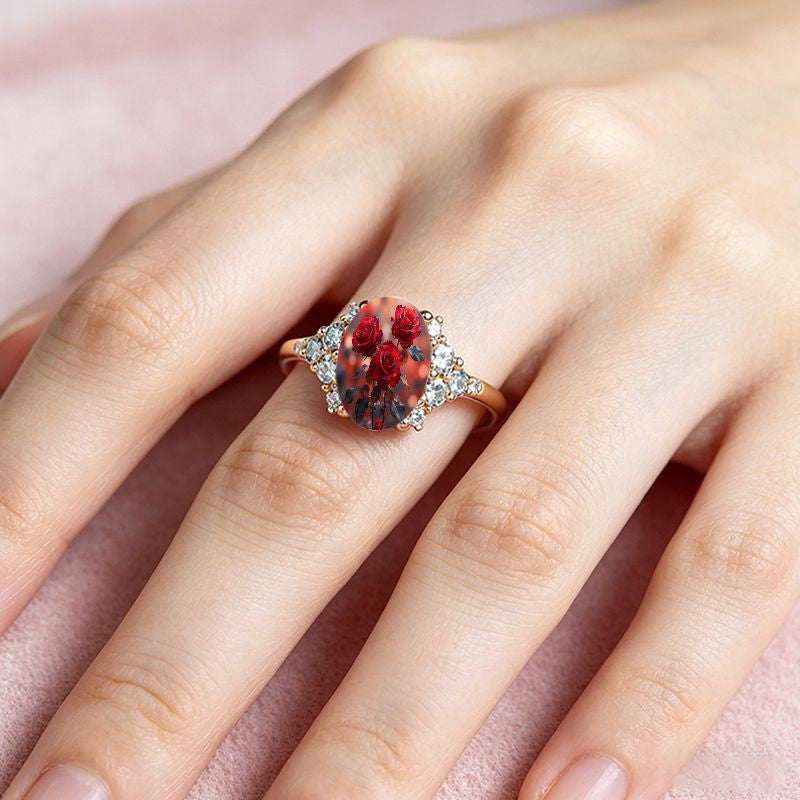 Red Rose & Crystal Oval Ring
