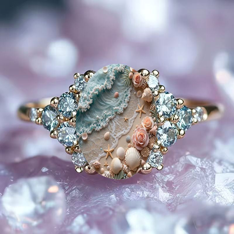 Seashell & Starfish Oval Ring