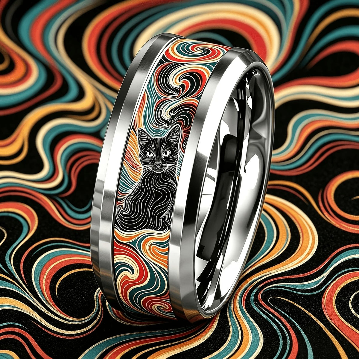 Colorful Swirl Black Cat Ring