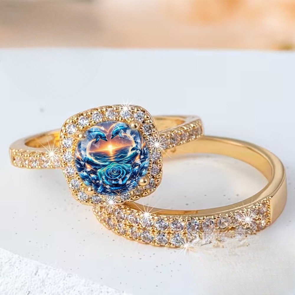 Blue Rose & Dolphin Square Ring Set
