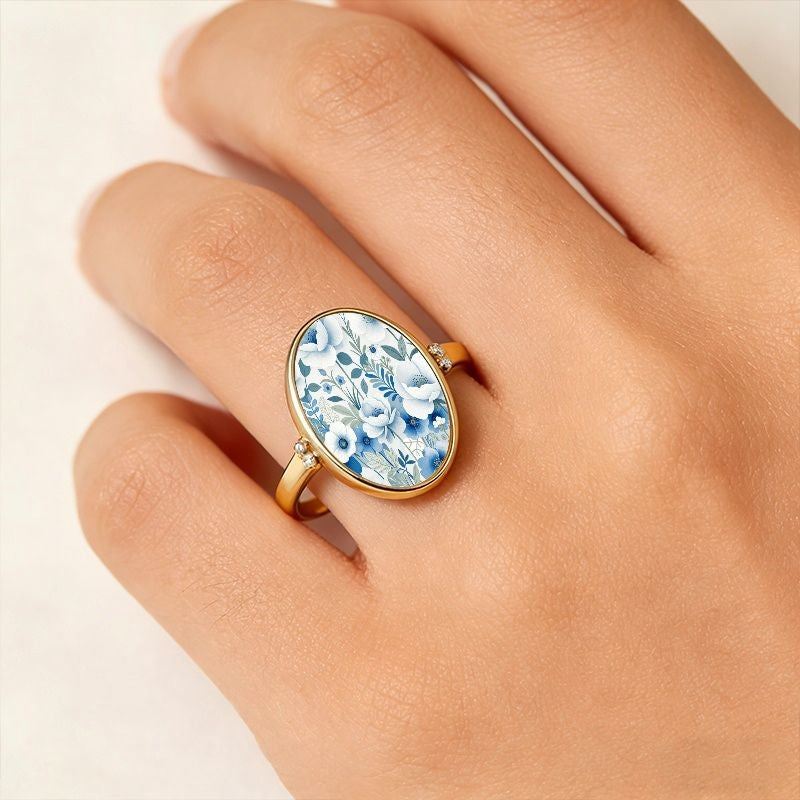 Blue Botanical Oval Ring