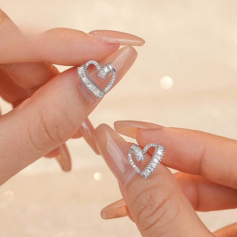 Baguette Crystal Heart Stud Earrings