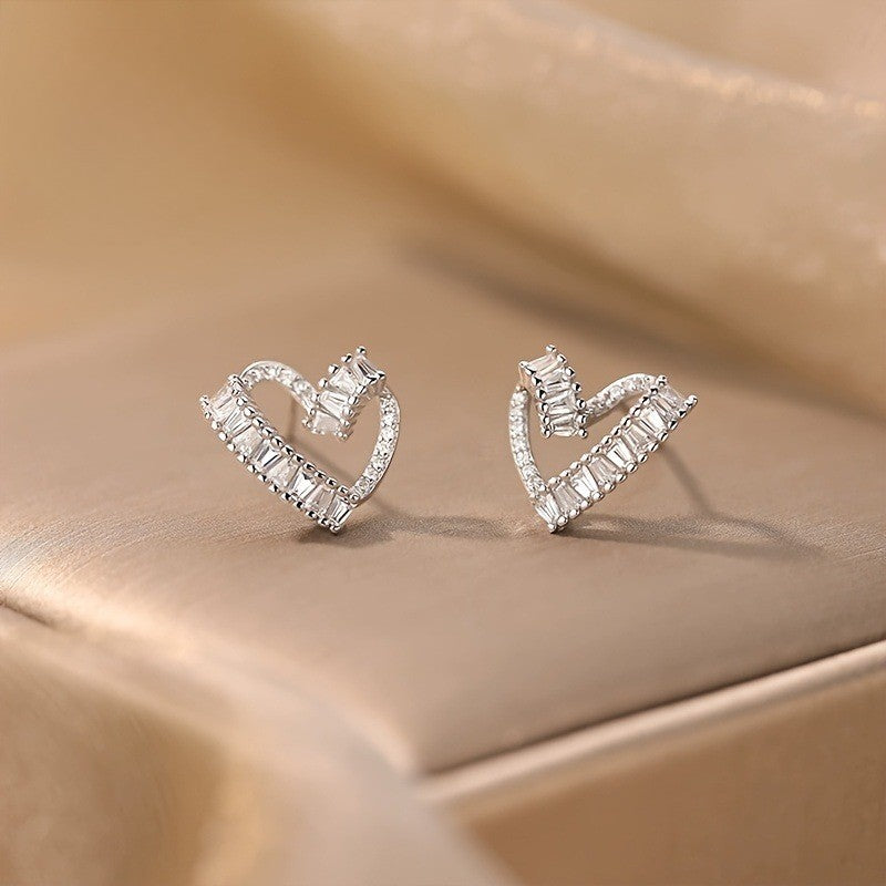 Baguette Crystal Heart Stud Earrings