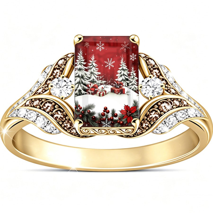 Snowflake Gift Scene Square Ring