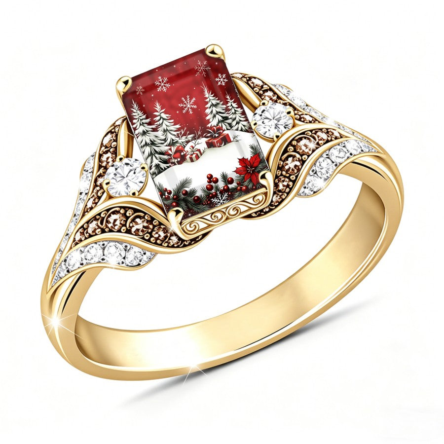 Snowflake Gift Scene Square Ring