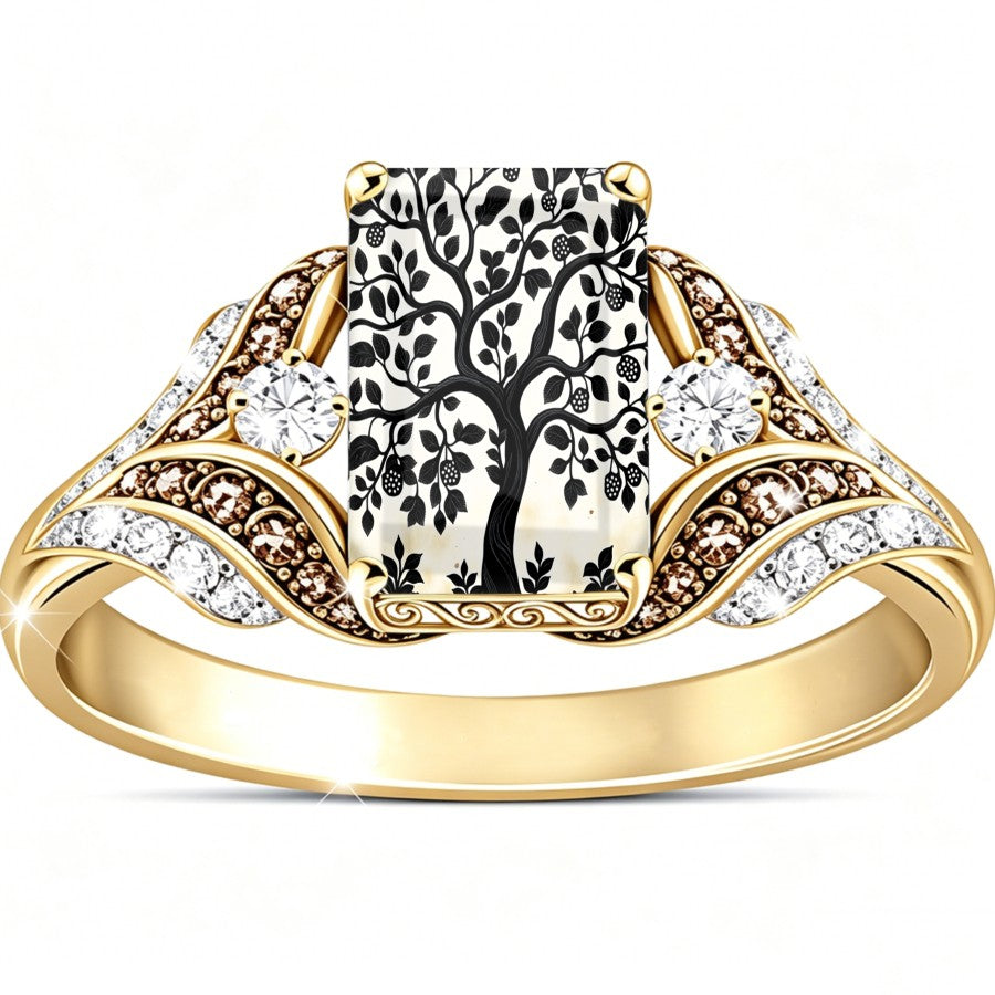 Black Tree of Life Crystal Square Ring