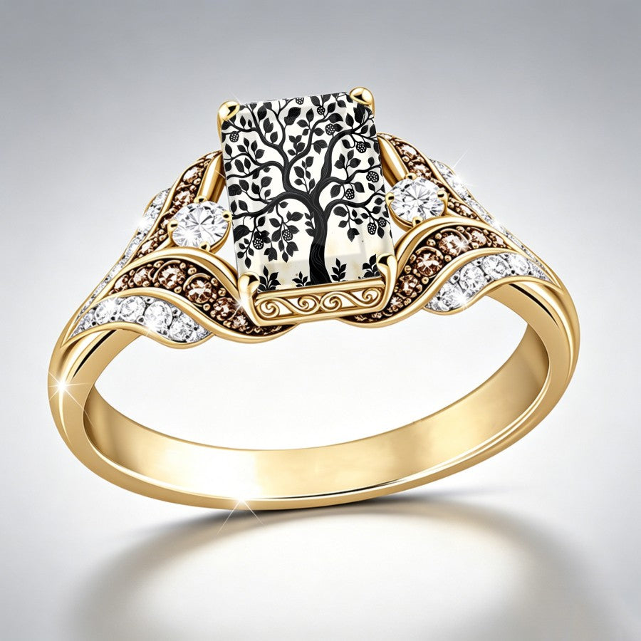 Black Tree of Life Crystal Square Ring