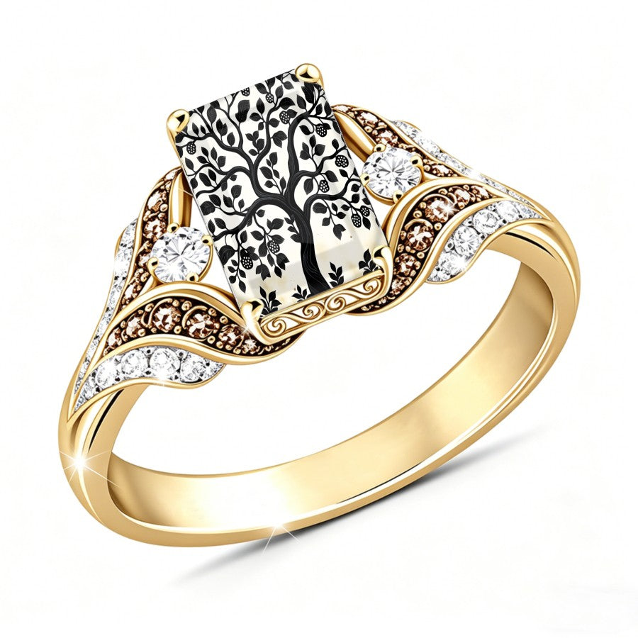 Black Tree of Life Crystal Square Ring