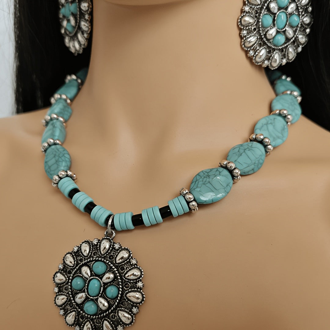 Turquoise Medallion Necklace & Earring Set