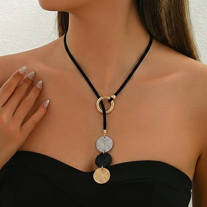 Three-Tone Textured Disc Cord Necklace