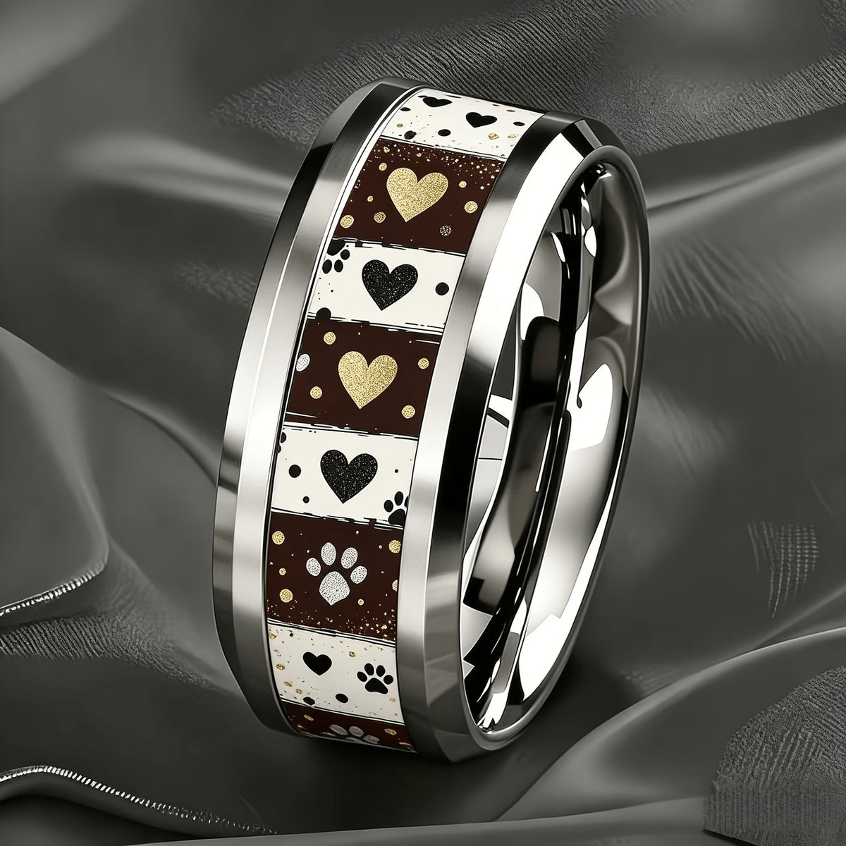 Striped Heart & Paw Print Ring