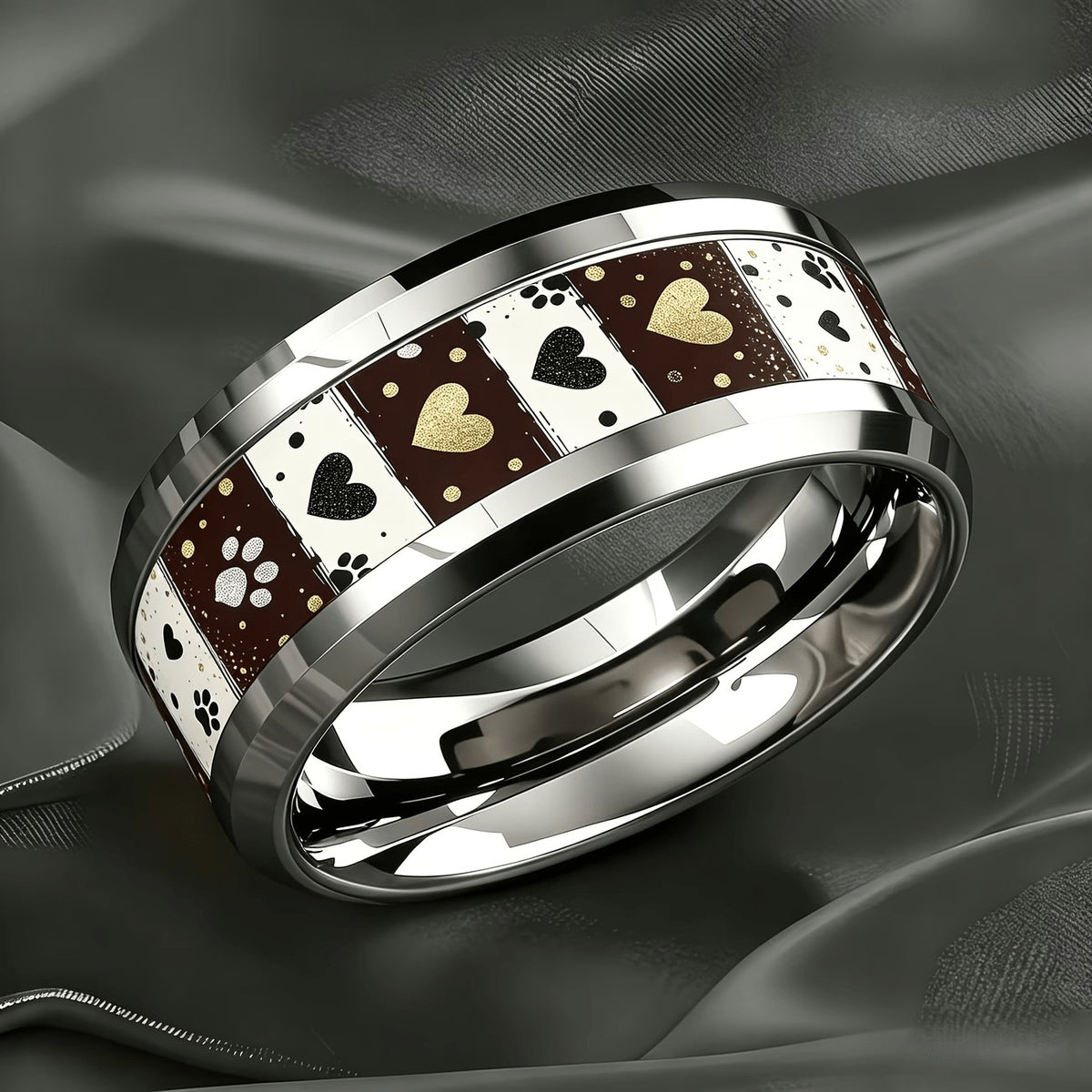 Striped Heart & Paw Print Ring